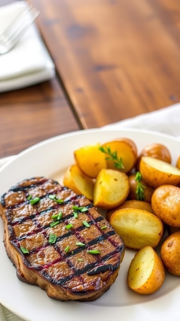 Juicy air fryer steak with crispy baby potatoes garnished with herbs on a rustic table.
